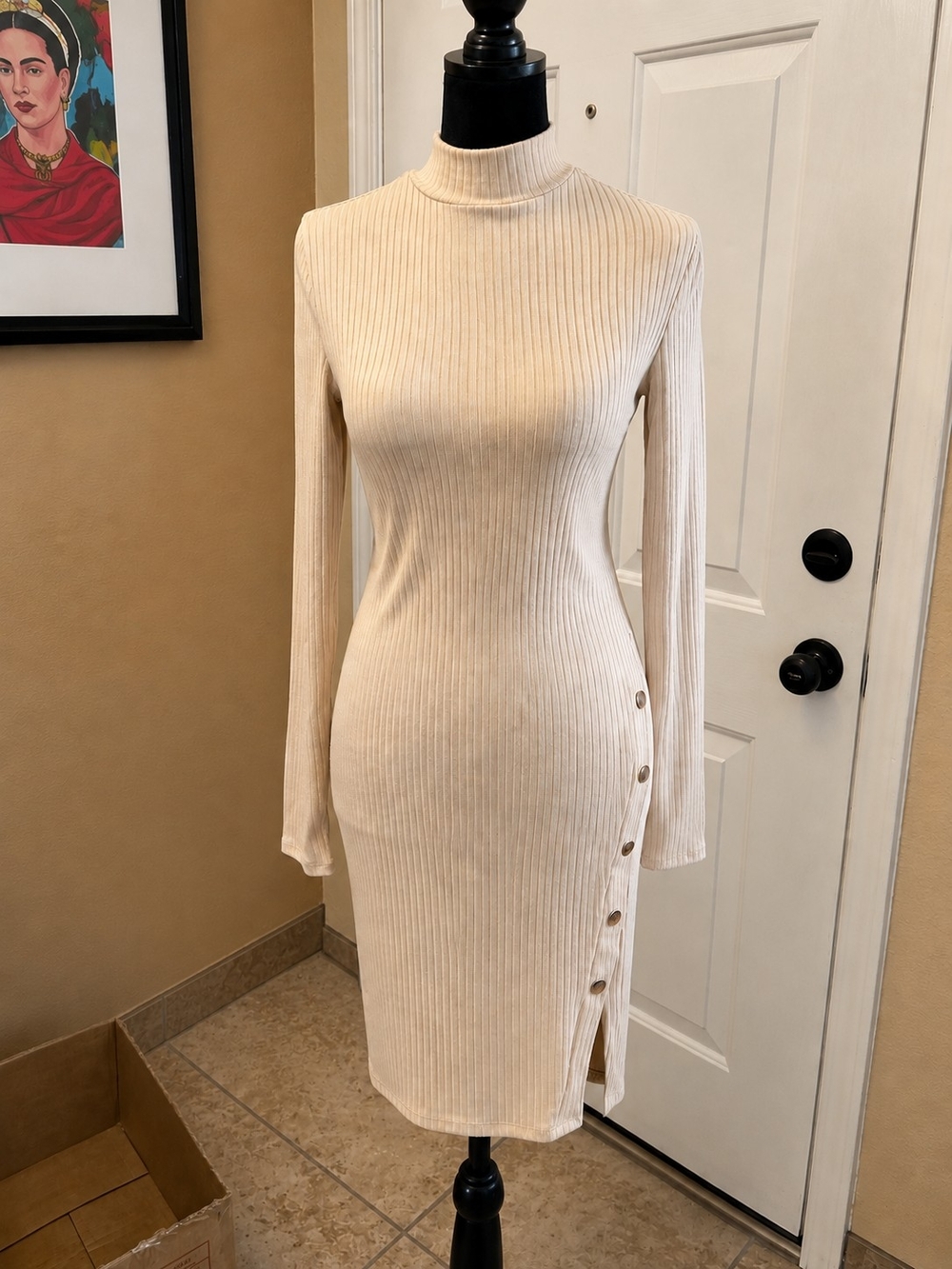 Derek Heart Cream Ribbed Turtleneck Midi Dress Size S Button Slit